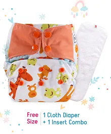 Babyhug Free Size Reusable Contrast Flap Closure Cloth Diaper With Insert Animal Print - White Orange