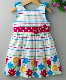 Enfance Core Striped & Floral Print Sleeveless Dress - White Enfance Core Striped & Floral Print Sleeveless Dress - White