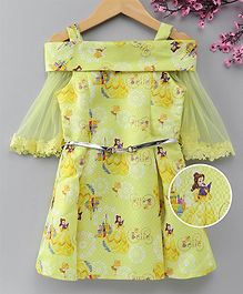 Peppermint Three Fourth Sleeves Princess Print Cold Shoulder Dress - Yellow Peppermint Three Fourth Sleeves Princess Print Cold Shoulder Dress - Yellow