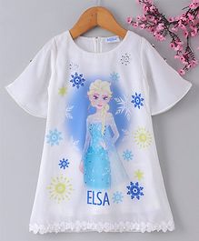 Peppermint Half Sleeves Elsa Print Embroidered Hem Line Dress - White Peppermint Half Sleeves Elsa Print Embroidered Hem Line Dress - White
