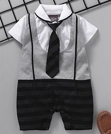 Little Kangaroos Half Sleeves Romper With Tie - Grey White Little Kangaroos Half Sleeves Romper With Tie - Grey White