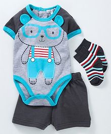 Mother's Choice Bear Print Half Sleeves Onesie & Shorts Set With Socks - Grey Mother's Choice Bear Print Half Sleeves Onesie & Shorts Set With Socks - Grey