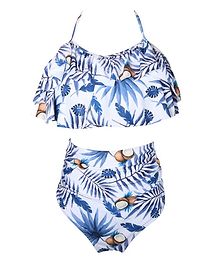 Milonee Coconut Beach Print Flared Sleeveless Top & Bloomer Set - White & Blue Milonee Coconut Beach Print Flared Sleeveless Top & Bloomer Set - White & Blue