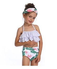Milonee Sleeveless Top & Leaf Print Bloomer Set - White & Green Milonee Sleeveless Top & Leaf Print Bloomer Set - White & Green