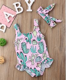 Pre Order - Awabox Sleeveless Cactus Print Swimsuit With Headband - Pink Pre Order - Awabox Sleeveless Cactus Print Swimsuit With Headband - Pink