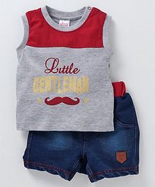 Whaou Printed Sleeveless T-Shirt & Shorts Set - Grey & Blue Whaou Printed Sleeveless T-Shirt & Shorts Set - Grey & Blue