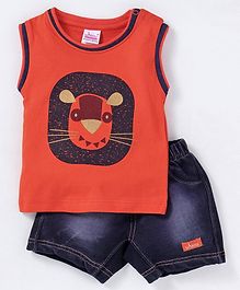 Whaou Animal Print Sleeveless T-Shirt & Shorts Set - Orange & Blue Whaou Animal Print Sleeveless T-Shirt & Shorts Set - Orange & Blue