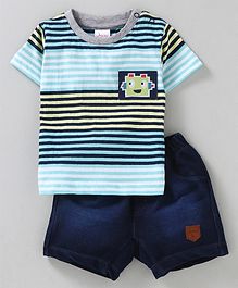 Whaou Striped Half Sleeves T-Shirt & Shorts Set - Blue Whaou Striped Half Sleeves T-Shirt & Shorts Set - Blue