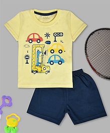 Kiwi Car & Giraffe Print Half Sleeves Tee With Shorts - Yellow Kiwi Car & Giraffe Print Half Sleeves Tee With Shorts - Yellow
