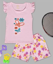 Kiwi Butterfly & Flower Embroidery Cap Sleeves Tee & Shorts Set - Pink Kiwi Butterfly & Flower Embroidery Cap Sleeves Tee & Shorts Set - Pink