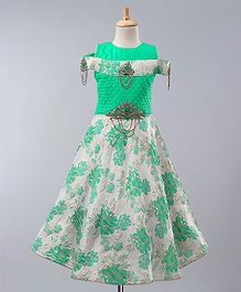 Maalka Short Sleeves Floral Print Cold Shoulder Gown - Green Maalka Short Sleeves Floral Print Cold Shoulder Gown - Green