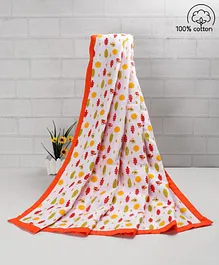 Babyhug Premium Cotton 2 Layered Baby Muslin Blanket Racoon Print - Tangarine