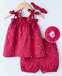 Kapaasa Bandhani Printed Sleeveless Frock With Bloomers & Headband - Dark Pink Kapaasa Bandhani Printed Sleeveless Frock With Bloomers & Headband - Dark Pink
