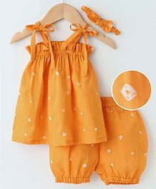 Kapaasa Bandhani Printed Sleeveless Frock With Bloomers & Headband - Yellow Kapaasa Bandhani Printed Sleeveless Frock With Bloomers & Headband - Yellow