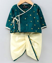 Kapaasa Bandhani Print Three Fourth Sleeves Angarakha Kurta & Dhoti Set - Green Kapaasa Bandhani Print Three Fourth Sleeves Angarakha Kurta & Dhoti Set - Green