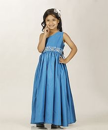 Indian Tutu Sleeveless Mirror Flower Encrusted One Shoulder Gown - Blue Indian Tutu Sleeveless Mirror Flower Encrusted One Shoulder Gown - Blue