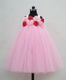 Indian Tutu Sleeveless Halter Neck Flower Adorned Yoke Dress - Pink Indian Tutu Sleeveless Halter Neck Flower Adorned Yoke Dress - Pink