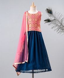 Meringue Motif Print Sleeveless Choli With Lehenga & Net Dupatta - Pink & Blue Meringue Motif Print Sleeveless Choli With Lehenga & Net Dupatta - Pink & Blue