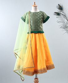 Meringue Brocade Half Sleeves Frill Choli With Lehenga & Dupatta - Green & Yellow Meringue Brocade Half Sleeves Frill Choli With Lehenga & Dupatta - Green & Yellow