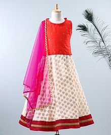 Meringue Gold Motif Sleeveless Top With Chanderi Print Lehenga & Net Dupatta - Orange & White Meringue Gold Motif Sleeveless Top With Chanderi Print Lehenga & Net Dupatta - Orange & White