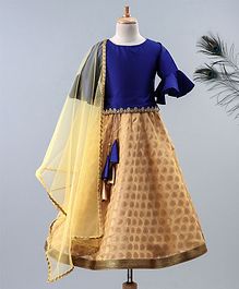 Meringue Solid Half Ruffled Sleeves With Chanderi Print Lehenga & Net Dupatta - Blue & Beige Meringue Solid Half Ruffled Sleeves With Chanderi Print Lehenga & Net Dupatta - Blue & Beige