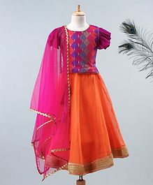 Meringue Motif Short Butterfly Sleeves Choli With Lehenga & Net Dupatta - Orange & Purple Meringue Motif Short Butterfly Sleeves Choli With Lehenga & Net Dupatta - Orange & Purple