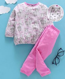 OVS Cats Print Full Sleeves Night Suit - White & Pink OVS Cats Print Full Sleeves Night Suit - White & Pink