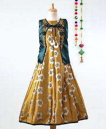 Betty By Tiny Kingdom Foil Floral Print Sleeveless Gown With Embellished Jacket - Yellow Betty By Tiny Kingdom Foil Floral Print Sleeveless Gown With Embellished Jacket - Yellow