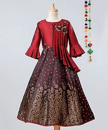 Betty By Tiny Kingdom Gold Foil Print Three Fourth Sleeves Gown With Patch Work Detailing - Maroon Betty By Tiny Kingdom Gold Foil Print Three Fourth Sleeves Gown With Patch Work Detailing - Maroon