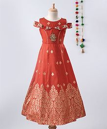 Betty By Tiny Kingdom Motif Printed Short Sleeves Cold Shoulder Gown - Orange Betty By Tiny Kingdom Motif Printed Short Sleeves Cold Shoulder Gown - Orange
