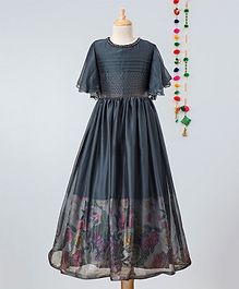 Betty By Tiny Kingdom Floral Print & Gold Foil Embellished Half Butterfly Sleeves Gown - Grey Betty By Tiny Kingdom Floral Print & Gold Foil Embellished Half Butterfly Sleeves Gown - Grey