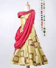 Betty By Tiny Kingdom Embroidered Sleeveless Saree Style Gown - Yellow & Pink Betty By Tiny Kingdom Embroidered Sleeveless Saree Style Gown - Yellow & Pink