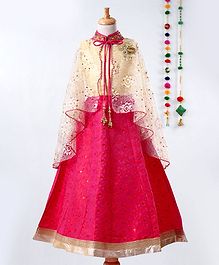 Betty By Tiny Kingdom Sleeveless Floral Lace Work Gown With Stand Collar Neck Poncho - Dark Pink Betty By Tiny Kingdom Sleeveless Floral Lace Work Gown With Stand Collar Neck Poncho - Dark Pink