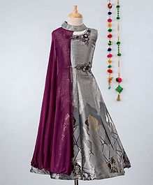 Betty By Tiny Kingdom Sleeveless Rose Foil Print Contrast Drape Gown - Grey Betty By Tiny Kingdom Sleeveless Rose Foil Print Contrast Drape Gown - Grey