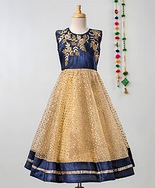 Betty By Tiny Kingdom Sleeveless Floral Embroidered Glitter Finish Flare Gown - Blue Betty By Tiny Kingdom Sleeveless Floral Embroidered Glitter Finish Flare Gown - Blue