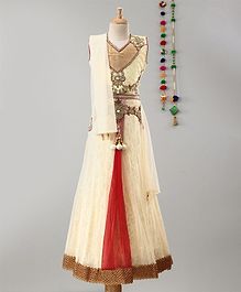Betty By Tiny Kingdom Sleeveless Floral Embroidered Heart Pattern Choli With Ghagra & Dupatta Set - Cream Betty By Tiny Kingdom Sleeveless Floral Embroidered Heart Pattern Choli With Ghagra & Dupatta Set - Cream