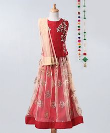 Betty By Tiny Kingdom Sleeveless Flower Embroidered Choli With Shimmer Finish Lehenga & Choli Set With Dupatta - Red Betty By Tiny Kingdom Sleeveless Flower Embroidered Choli With Shimmer Finish Lehenga & Choli Set With Dupatta - Red