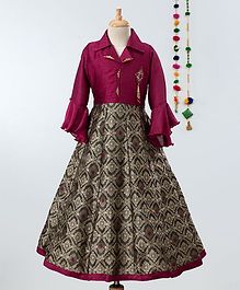 Betty By Tiny Kingdom Full Sleeves Collar Neck Motif Print Brooch Decorated Gown - Maroon Betty By Tiny Kingdom Full Sleeves Collar Neck Motif Print Brooch Decorated Gown - Maroon