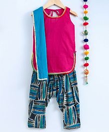 Kidcetra Sleeveless Kurta With Leaves Printed Salwar & Contrast Dupatta - Blue & Pink Kidcetra Sleeveless Kurta With Leaves Printed Salwar & Contrast Dupatta - Blue & Pink