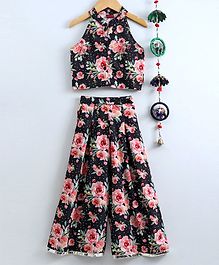 Twisha Sleeveless Floral Print Top With Flared Palazzo Pants - Black Twisha Sleeveless Floral Print Top With Flared Palazzo Pants - Black
