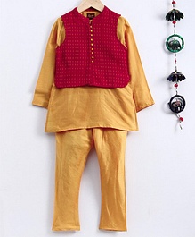 Twisha Full Sleeves Solid Kurta & Pyjama Set With Sleeveless Printed Jacket - Golden Twisha Full Sleeves Solid Kurta & Pyjama Set With Sleeveless Printed Jacket - Golden