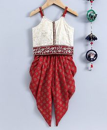 Twisha Sleeveless Brocade Top With Contrast Motif Print Dhoti - Cream & Red Twisha Sleeveless Brocade Top With Contrast Motif Print Dhoti - Cream & Red