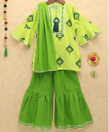 Lil Pitaara Motif Print With Tassel Detailing Three Fourth Sleeves Kurta & Sharara Set With Dupatta - Green Lil Pitaara Motif Print With Tassel Detailing Three Fourth Sleeves Kurta & Sharara Set With Dupatta - Green