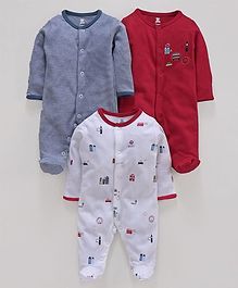 I Bears Full Sleeves Footed Sleep Suit Allover Print Pack of 3 - Blue Red White I Bears Full Sleeves Footed Sleep Suit Allover Print Pack of 3 - Blue Red White