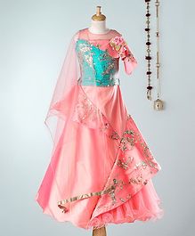 Dhyana Fashions Sequined Flower Applique Sleeveless Choli With Lehenga - Peach & Sea Green Dhyana Fashions Sequined Flower Applique Sleeveless Choli With Lehenga - Peach & Sea Green