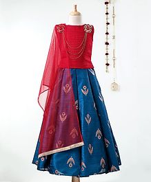 Dhyana Fashions Sleeveless Choli With Self Leaves Print Lehenga - Red & Blue Dhyana Fashions Sleeveless Choli With Self Leaves Print Lehenga - Red & Blue