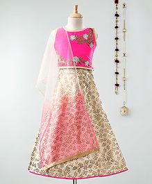Dhyana Fashions Flower Embroidered Sleeveless Choli With Lehenga - Pink & Cream Dhyana Fashions Flower Embroidered Sleeveless Choli With Lehenga - Pink & Cream
