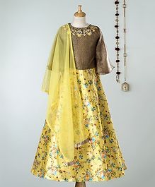 Dhyana Fashions Full Sleeves Choli With Flower Printed Lehenga - Yellow & Brown Dhyana Fashions Full Sleeves Choli With Flower Printed Lehenga - Yellow & Brown