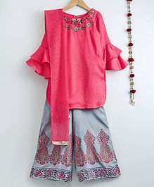 Dhyana Fashions Flower Embellished Full Sleeves Kurta With Palazzo - Pink & Grey Dhyana Fashions Flower Embellished Full Sleeves Kurta With Palazzo - Pink & Grey