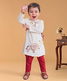 Tiber Taber Lion Embroidered Full Sleeves Kurta & Pyjama Set - White Tiber Taber Lion Embroidered Full Sleeves Kurta & Pyjama Set - White